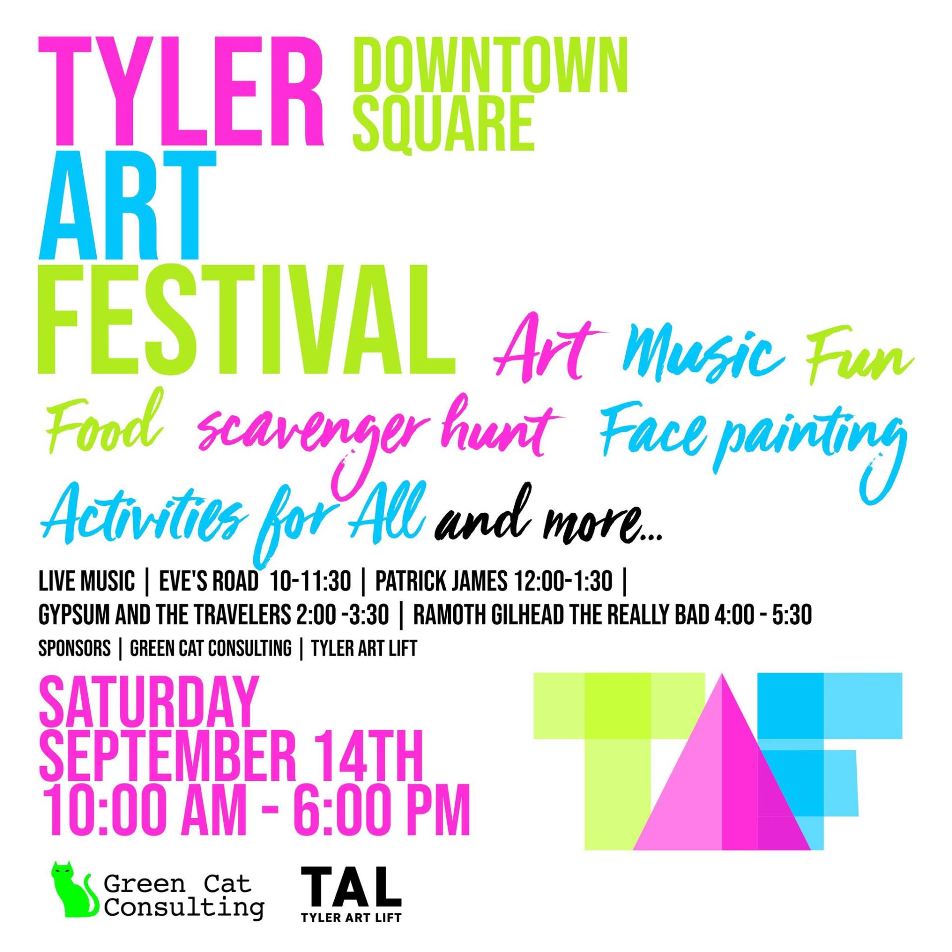 2024 Tyler Art Festival poster announcing the event on Saturday, Sept. 14 from 10 a.m. to 6 p.m. on the Downtown Square.