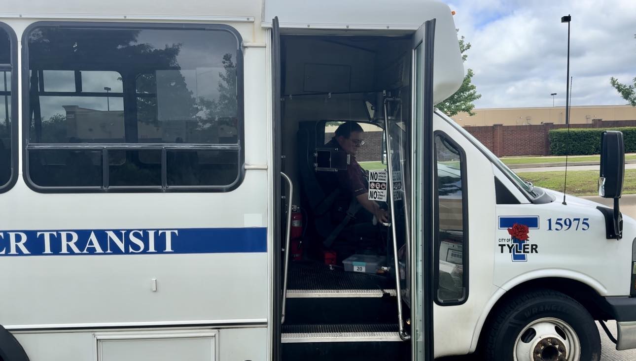 Tyler Transit bus driver waiting at stop