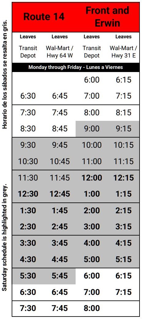 Route 14 Schedule