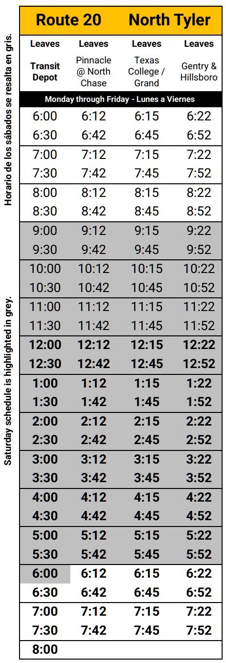 Route 20 Schedule