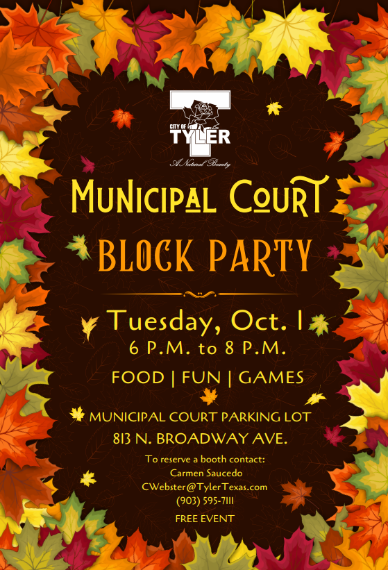 Tyler Municipal Court 2024 National Night Out Block Party returns on October 1 from 6 p.m. to 8 p.m. at the Court's parking lot, 813 North Broadway Avenue.